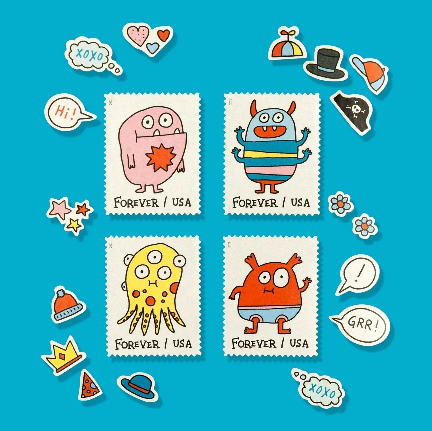 Forever Stamps 2021 Message Monsters – Whimsical Cartoon Designs, First-Class Postage