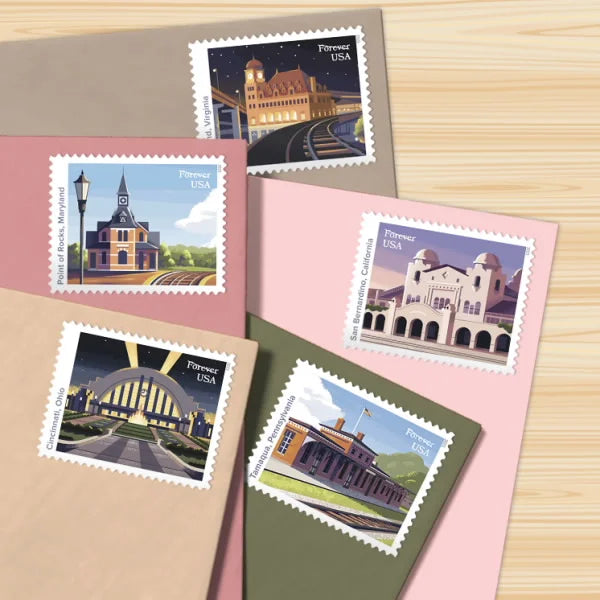 Forever Stamps 2023 Railroad Stations – Historic Trains Collection, First-Class Postage